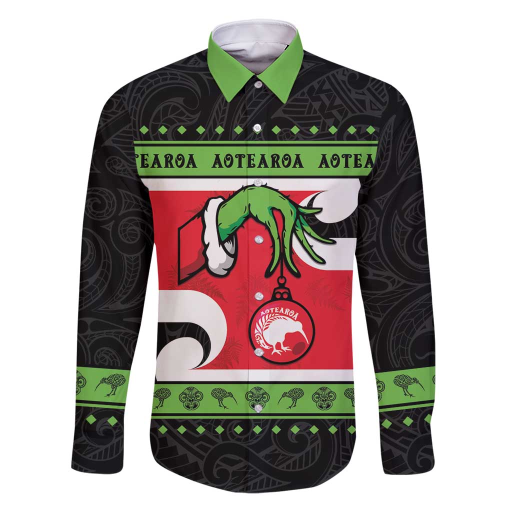 New Zealand Funny Christmas Family Matching Off Shoulder Short Dress and Hawaiian Shirt Maori Tiki LT05 Dad's Shirt - Long Sleeve Black - Polynesian Pride