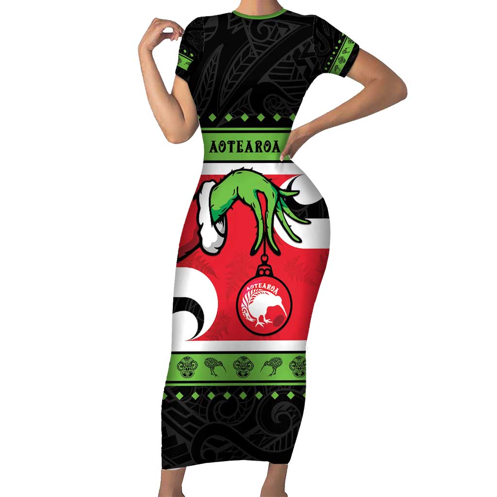New Zealand Funny Christmas Family Matching Short Sleeve Bodycon Dress and Hawaiian Shirt Maori Tiki LT05 Mom's Dress Black - Polynesian Pride