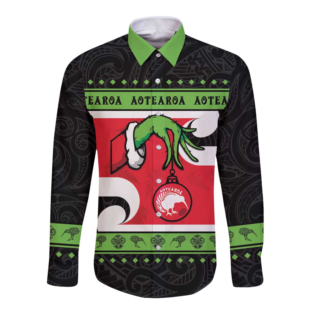 New Zealand Funny Christmas Long Sleeve Button Shirt Maori Tiki LT05 Unisex Black - Polynesian Pride