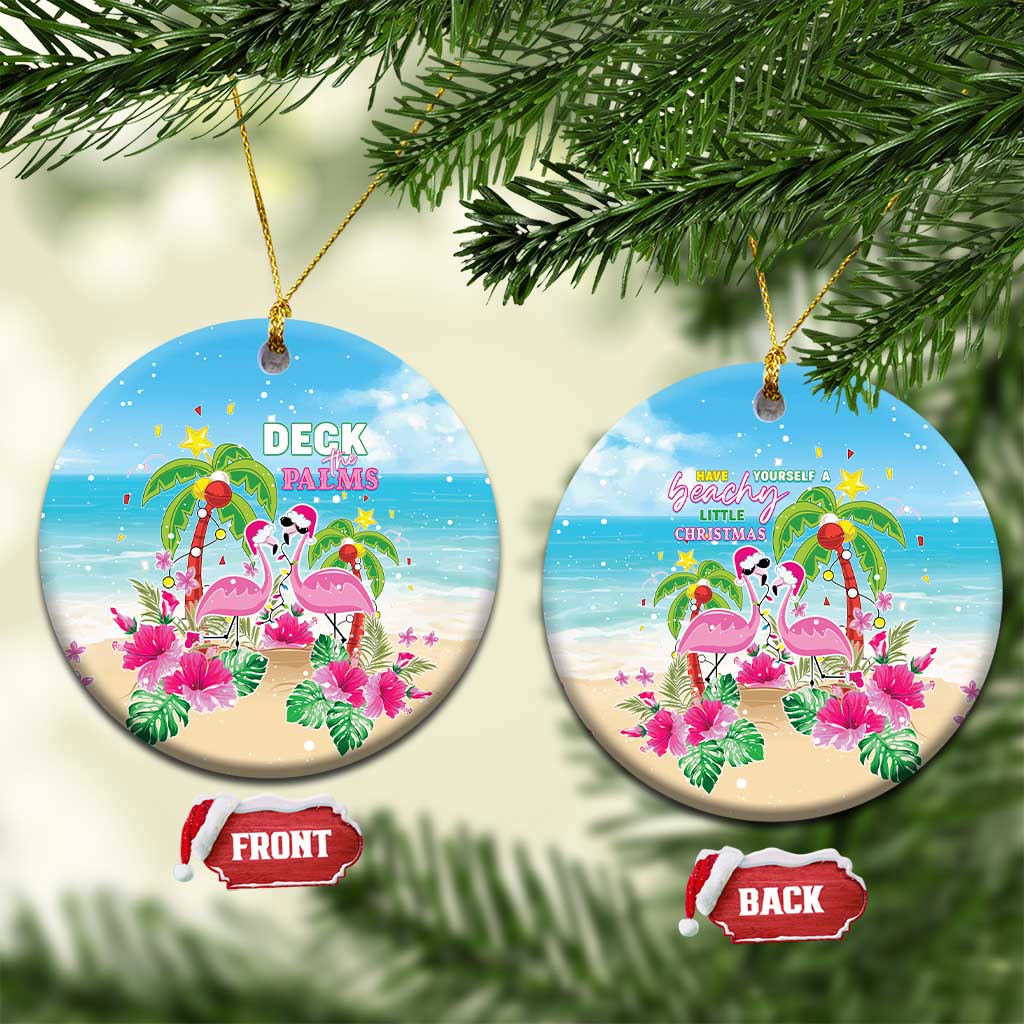 Hawaii Christmas Ceramic Ornament Deck The Palms Holiday Flamingos LT05 Circle Blue - Polynesian Pride