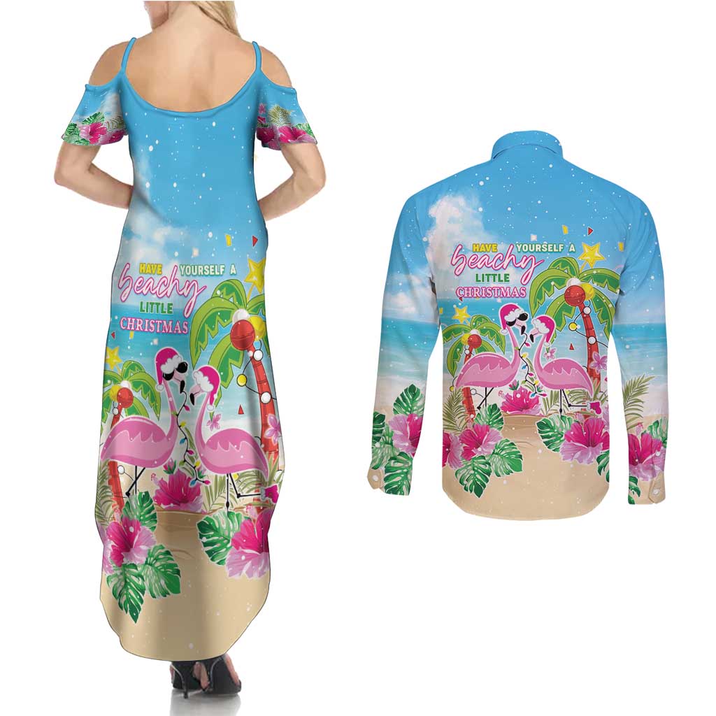 Hawaii Christmas Couples Matching Summer Maxi Dress and Long Sleeve Button Shirt Deck The Palms Holiday Flamingos
