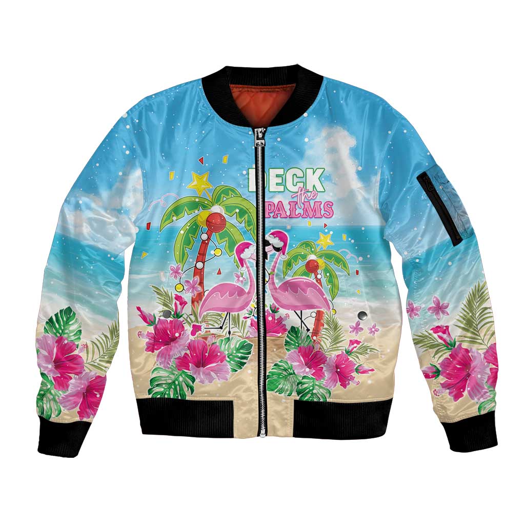 Hawaii Christmas Sleeve Zip Bomber Jacket Deck The Palms Holiday Flamingos