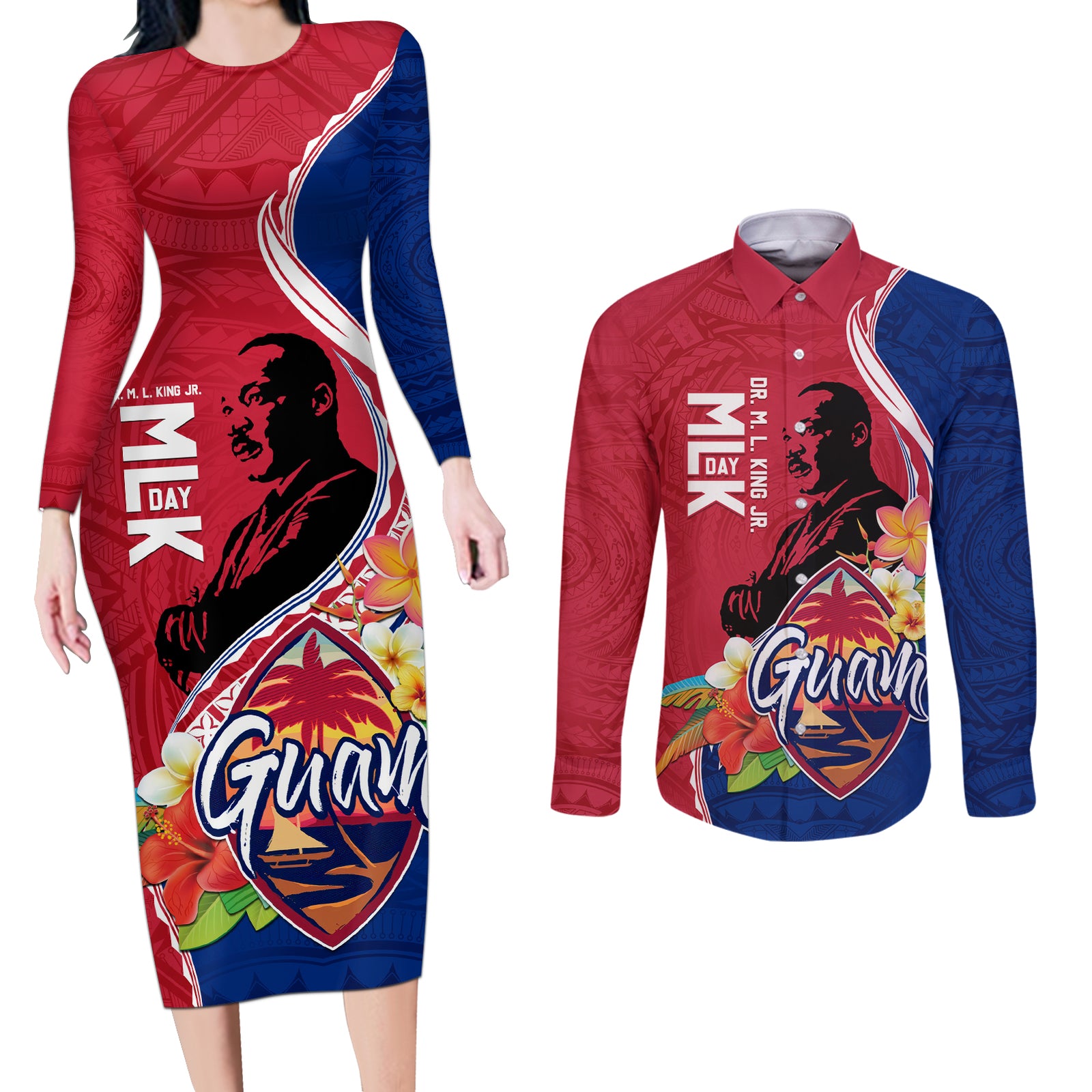 Guam Martin Luther King Jr Day Couples Matching Long Sleeve Bodycon Dress and Long Sleeve Button Shirt LT05 Red - Polynesian Pride