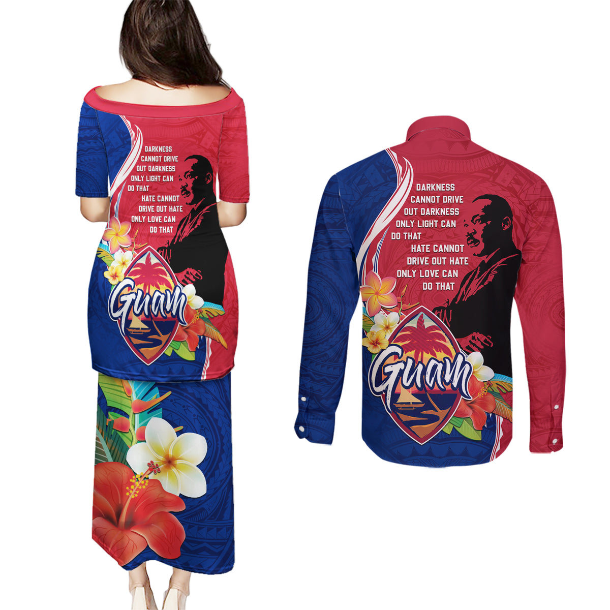 Guam Martin Luther King Jr Day Couples Matching Puletasi Dress and Long Sleeve Button Shirt LT05 - Polynesian Pride