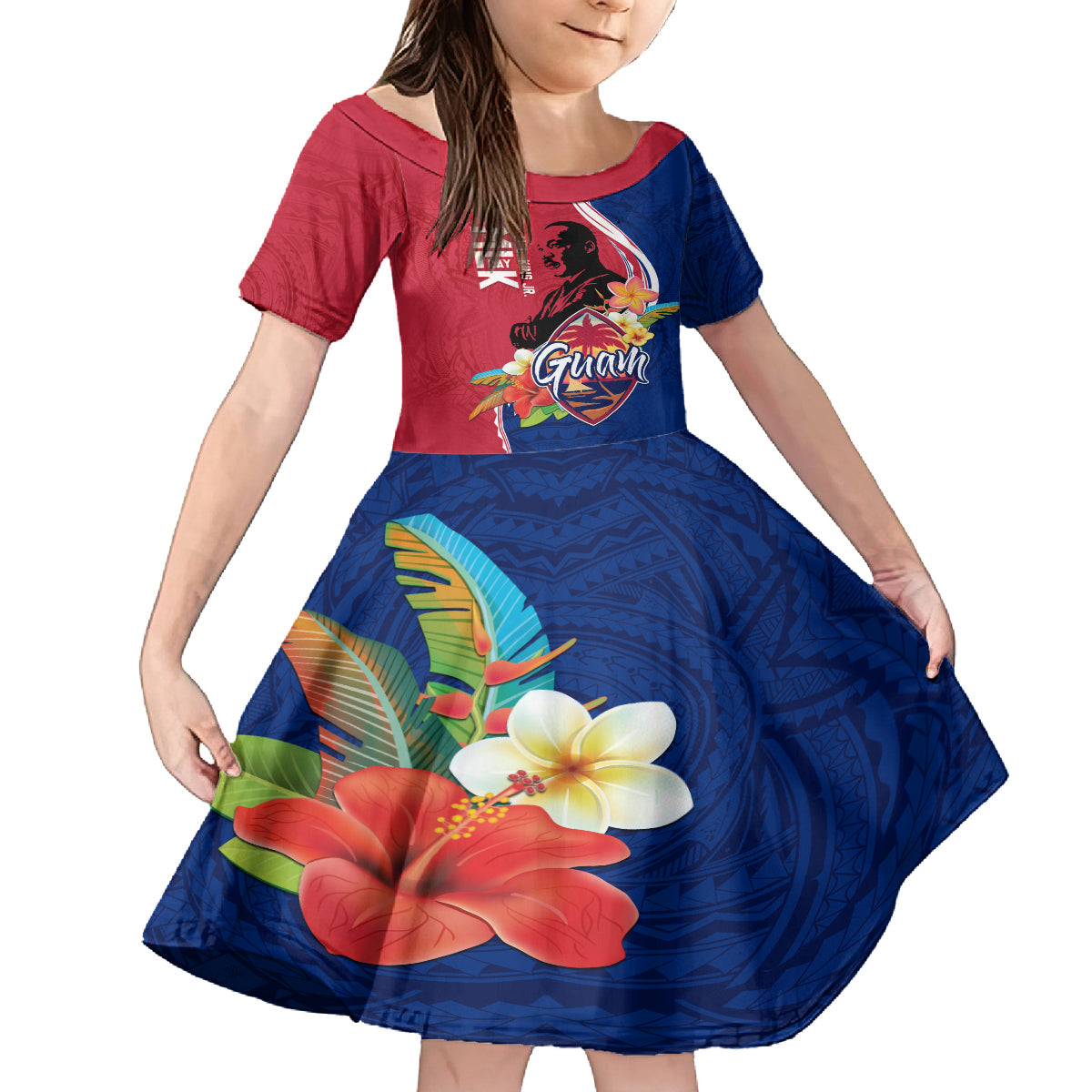 Guam Martin Luther King Jr Day Family Matching Off Shoulder Long Sleeve Dress and Hawaiian Shirt LT05 Daughter's Dress Red - Polynesian Pride