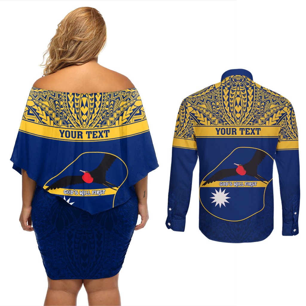 Personalised Repubrikin Naoero Independence Day Couples Matching Off Shoulder Short Dress and Long Sleeve Button Shirt Tamanu With Coat Of Arms LT05 - Polynesian Pride