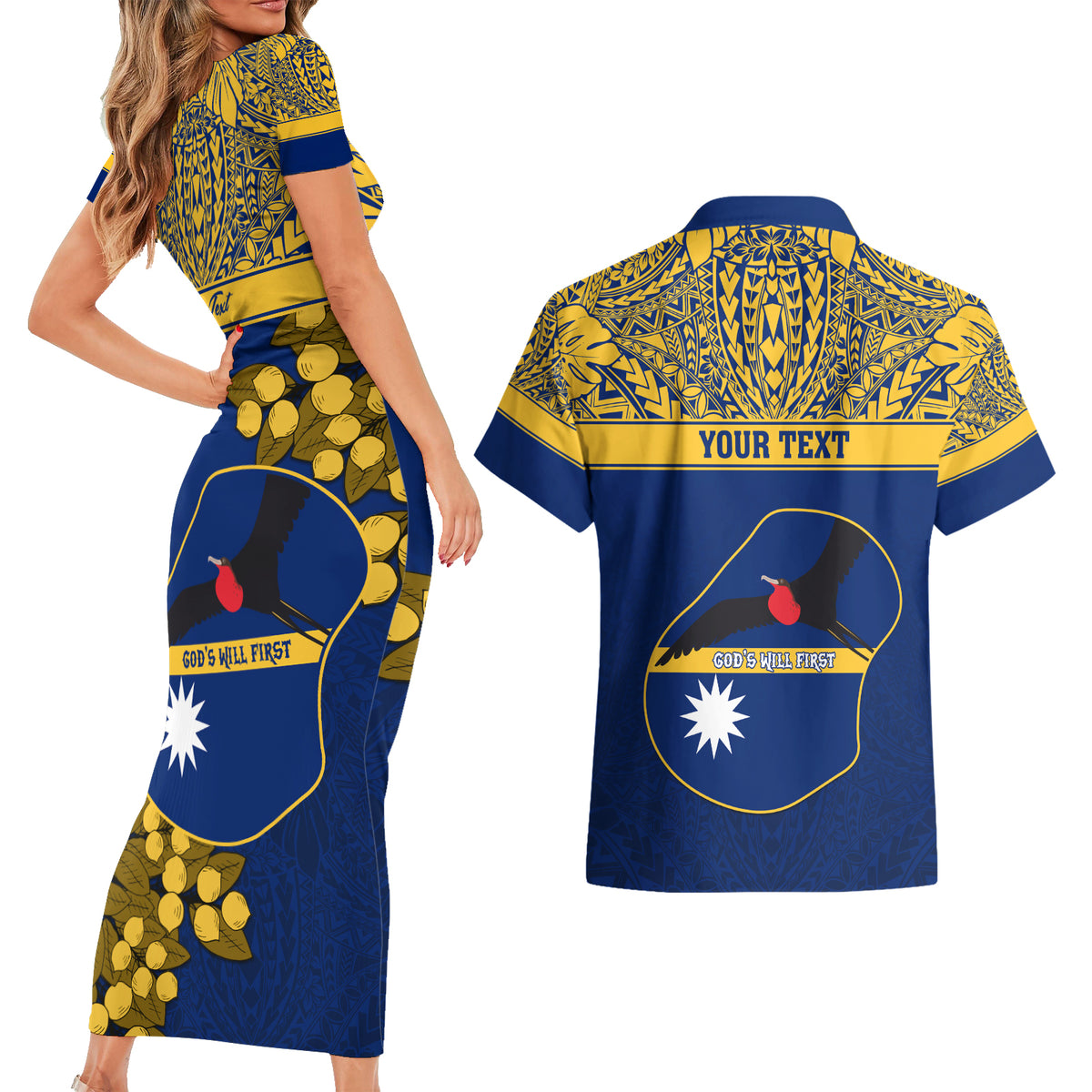 Personalised Repubrikin Naoero Independence Day Couples Matching Short Sleeve Bodycon Dress and Hawaiian Shirt Tamanu With Coat Of Arms LT05 - Polynesian Pride