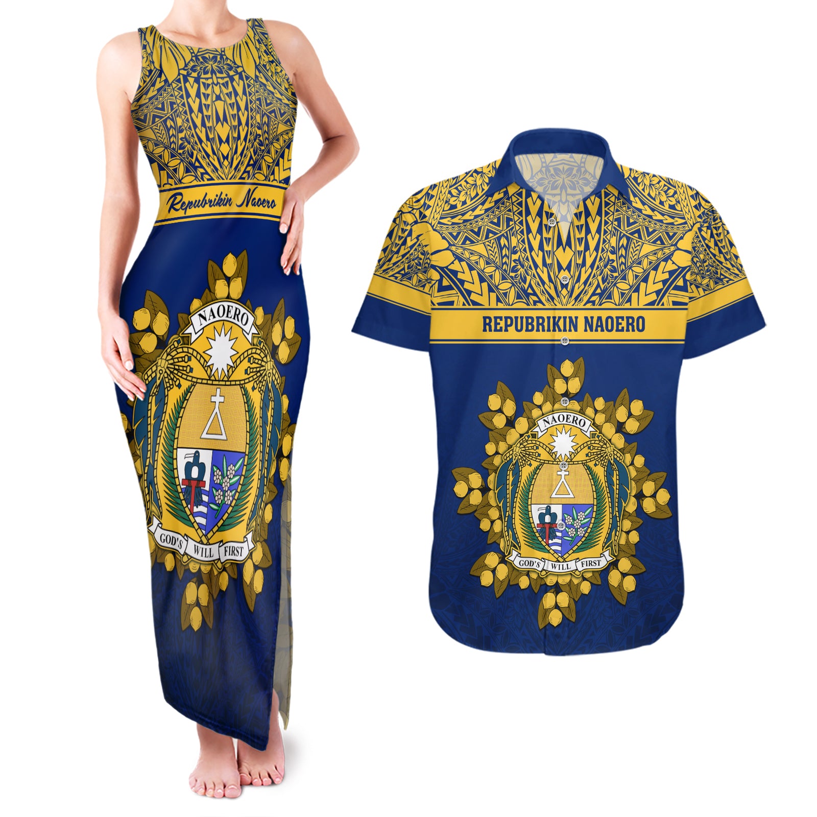 Personalised Repubrikin Naoero Independence Day Couples Matching Tank Maxi Dress and Hawaiian Shirt Tamanu With Coat Of Arms LT05 Yellow - Polynesian Pride