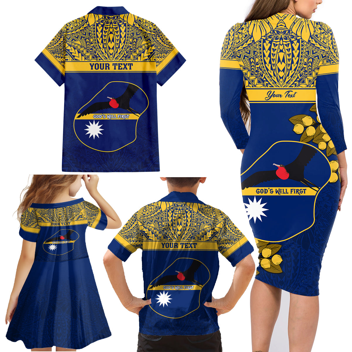 Personalised Repubrikin Naoero Independence Day Family Matching Long Sleeve Bodycon Dress and Hawaiian Shirt Tamanu With Coat Of Arms LT05 - Polynesian Pride