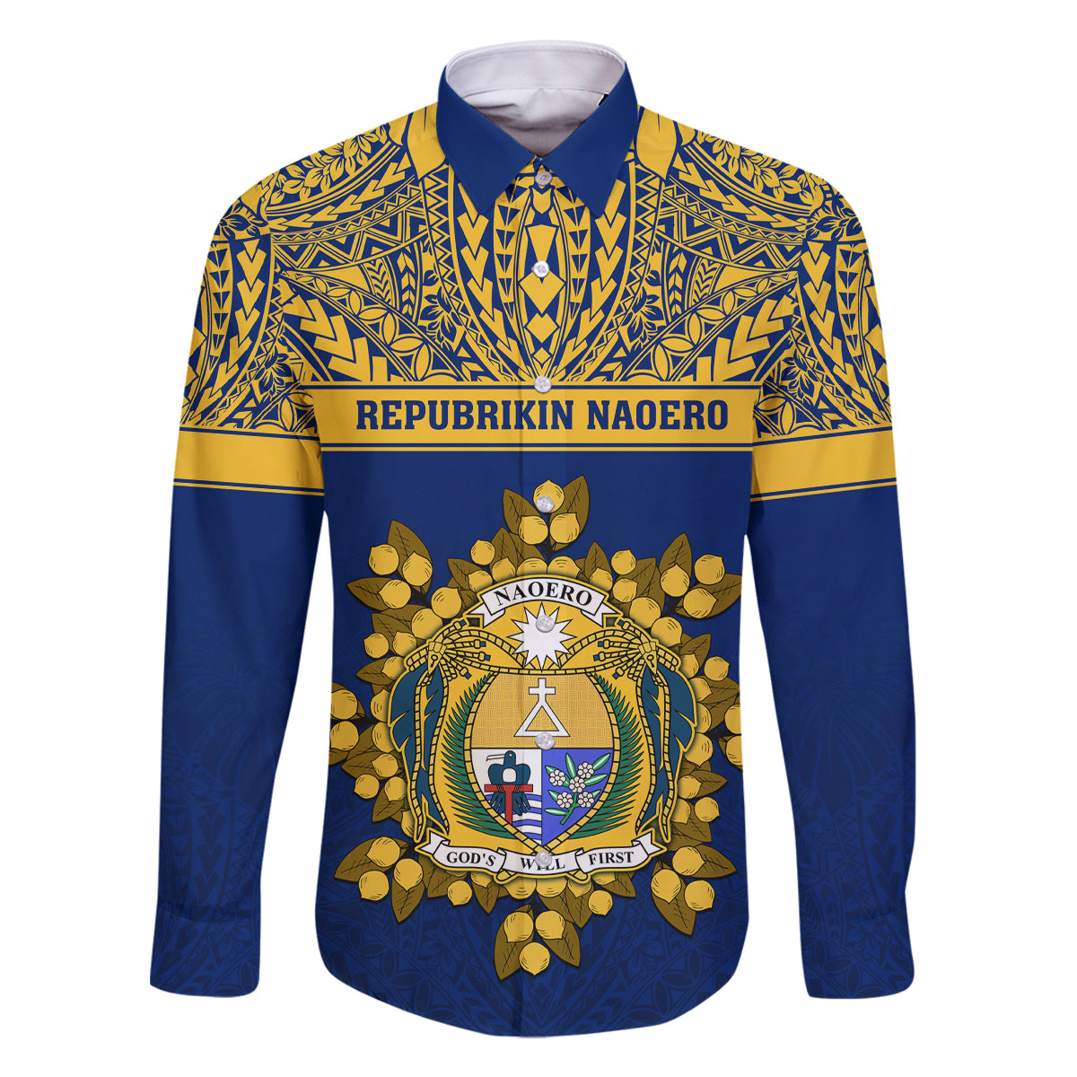 Personalised Repubrikin Naoero Independence Day Family Matching Tank Maxi Dress and Hawaiian Shirt Tamanu With Coat Of Arms LT05 Dad's Shirt - Long Sleeve Yellow - Polynesian Pride