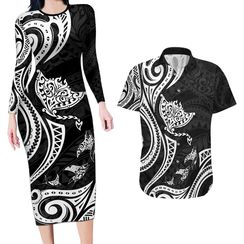 Hawaii Manta Ray Couples Matching Long Sleeve Bodycon Dress and Hawaiian Shirt Polynesian Art Tattoo