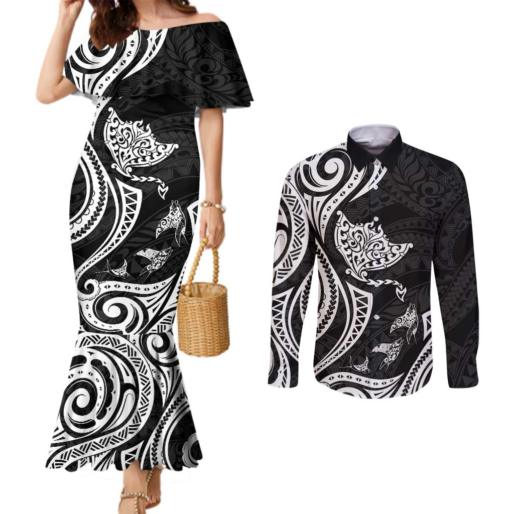 Hawaii Manta Ray Couples Matching Mermaid Dress and Long Sleeve Button Shirt Polynesian Art Tattoo