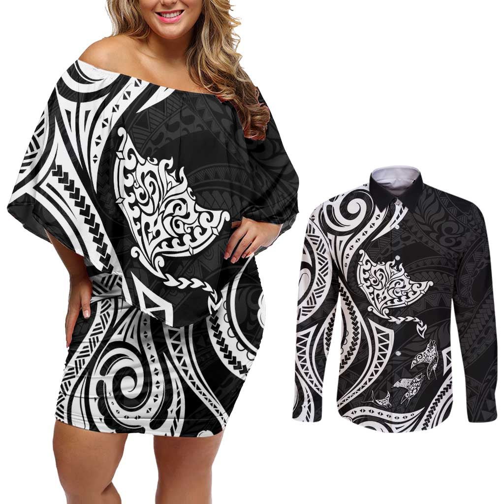 Hawaii Manta Ray Couples Matching Off Shoulder Short Dress and Long Sleeve Button Shirt Polynesian Art Tattoo