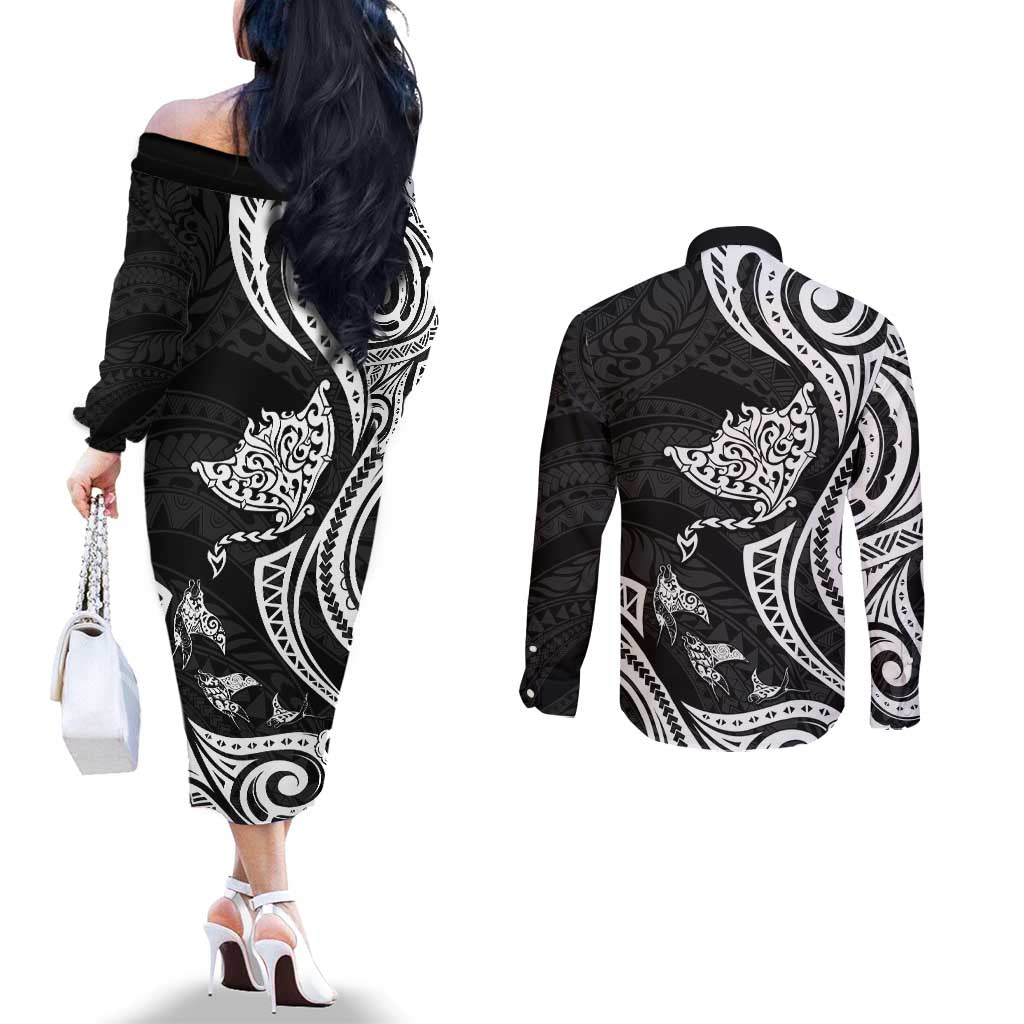 Hawaii Manta Ray Couples Matching Off The Shoulder Long Sleeve Dress and Long Sleeve Button Shirt Polynesian Art Tattoo
