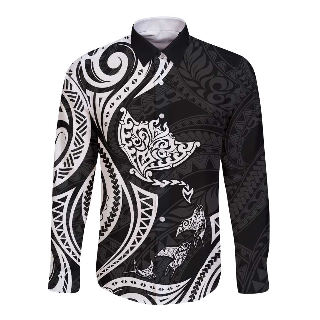 Hawaii Manta Ray Long Sleeve Button Shirt Polynesian Art Tattoo