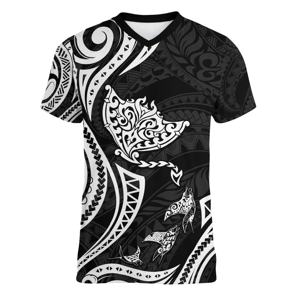 Hawaii Manta Ray Women V-Neck T-Shirt Polynesian Art Tattoo LT05 Female Black - Polynesian Pride