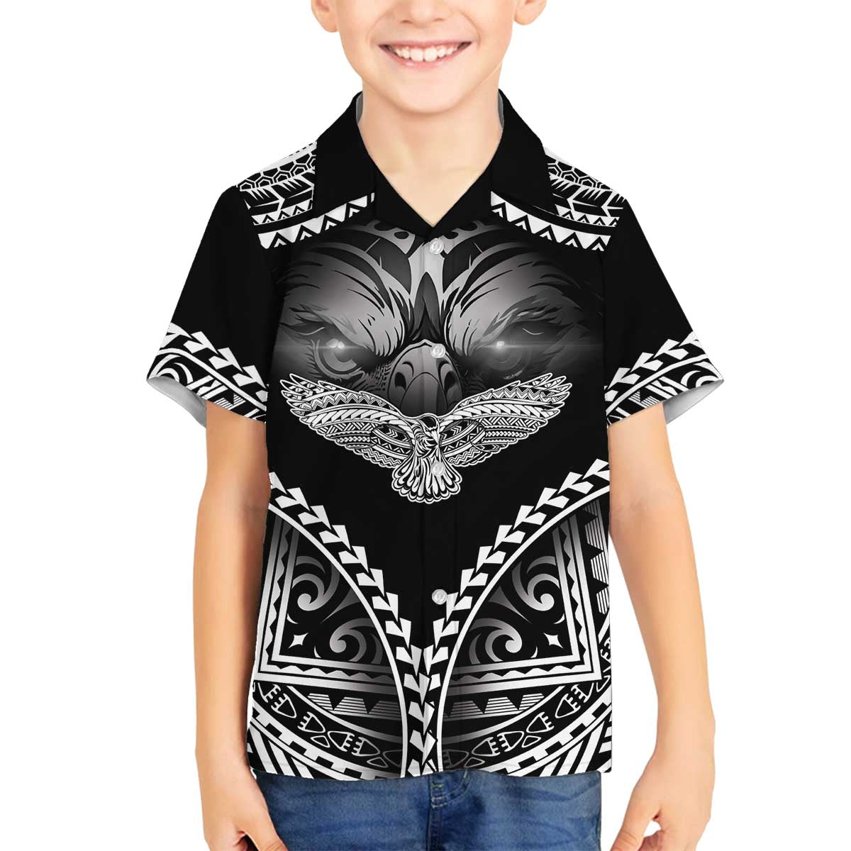Hawaiian Hawk Family Matching Off The Shoulder Long Sleeve Dress and Hawaiian Shirt Polynesian Pattern Style