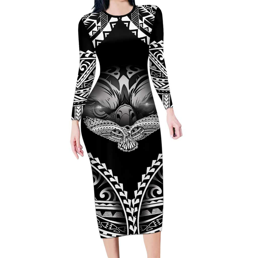 Hawaiian Hawk Long Sleeve Bodycon Dress Polynesian Pattern Style LT05 Long Dress Black - Polynesian Pride