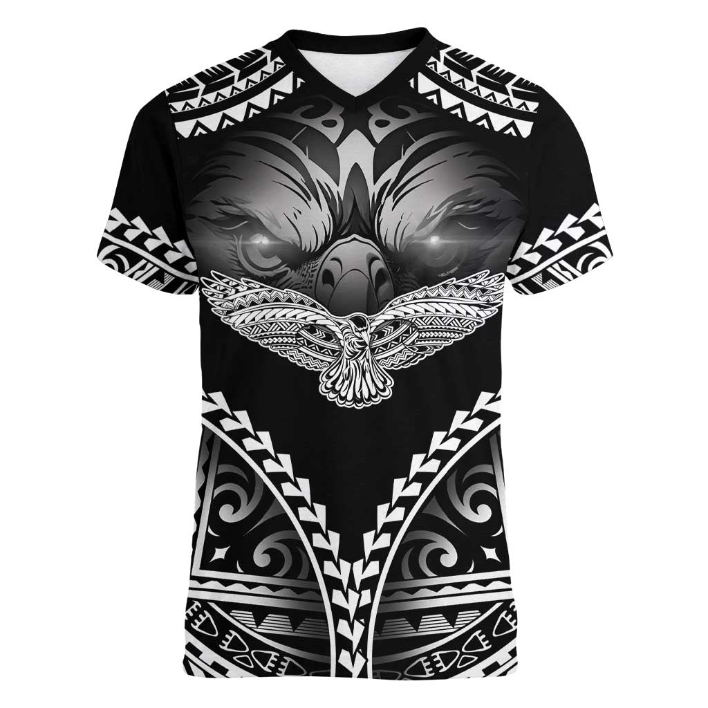 Hawaiian Hawk Women V-Neck T-Shirt Polynesian Pattern Style LT05 Female Black - Polynesian Pride