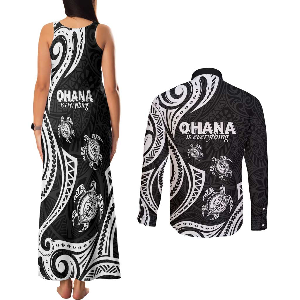 Hawaii Ohana Means Family Couples Matching Tank Maxi Dress and Long Sleeve Button Shirt Sea Turtle Polynesian Style