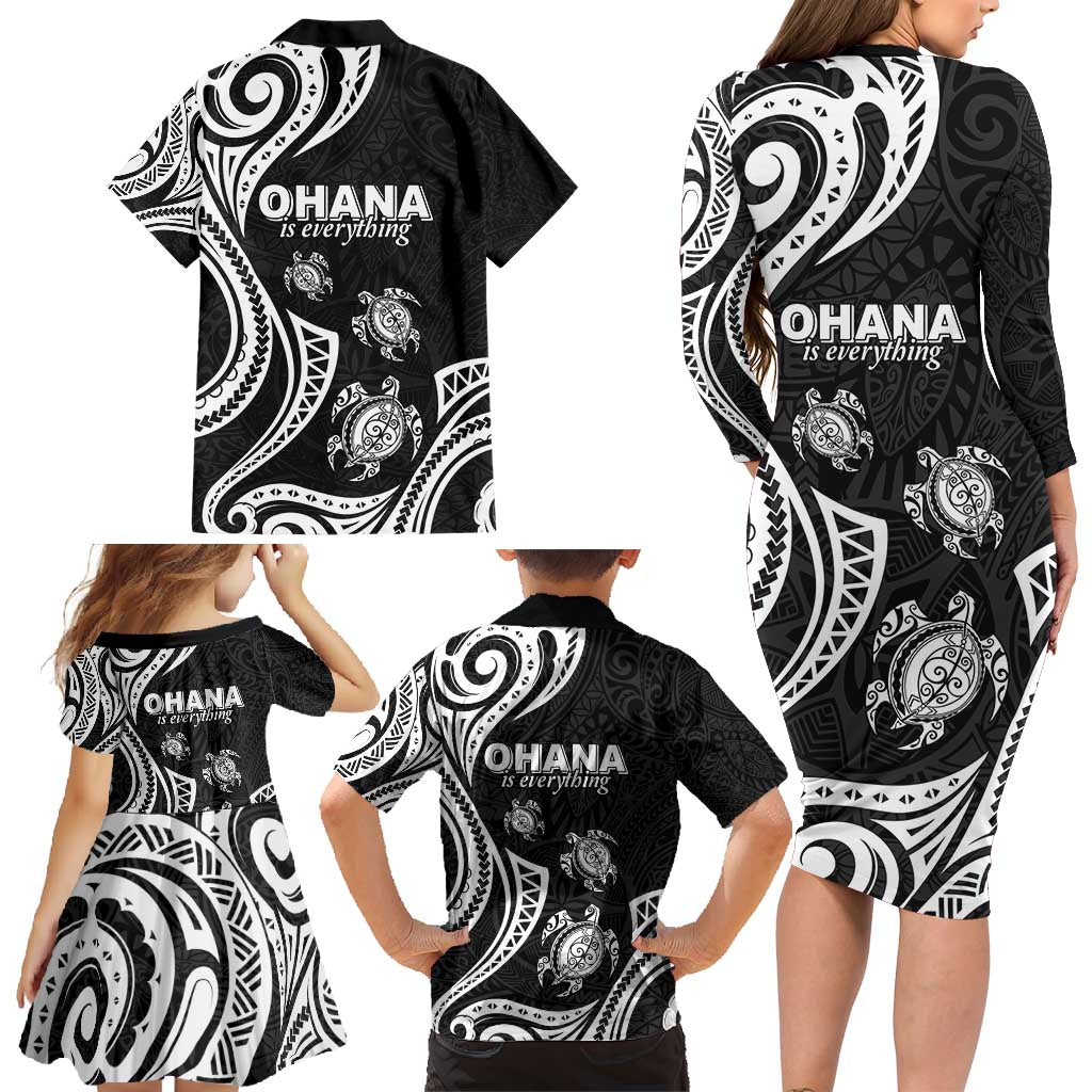 Hawaii Ohana Means Family Family Matching Long Sleeve Bodycon Dress and Hawaiian Shirt Sea Turtle Polynesian Style