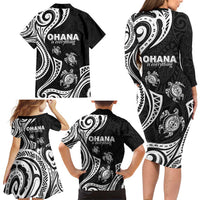 Hawaii Ohana Means Family Family Matching Long Sleeve Bodycon Dress and Hawaiian Shirt Sea Turtle Polynesian Style