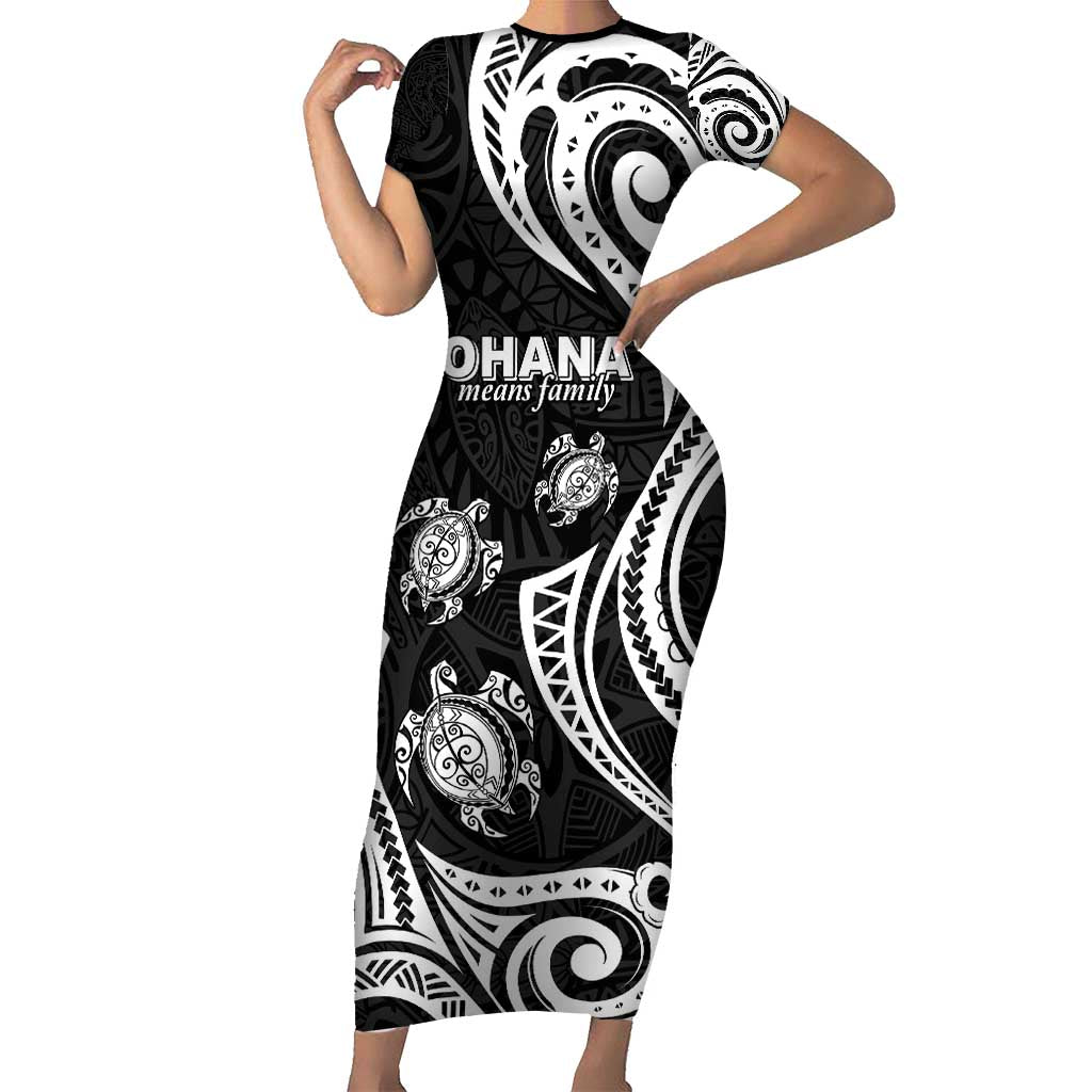 Hawaii Ohana Means Family Short Sleeve Bodycon Dress Sea Turtle Polynesian Style