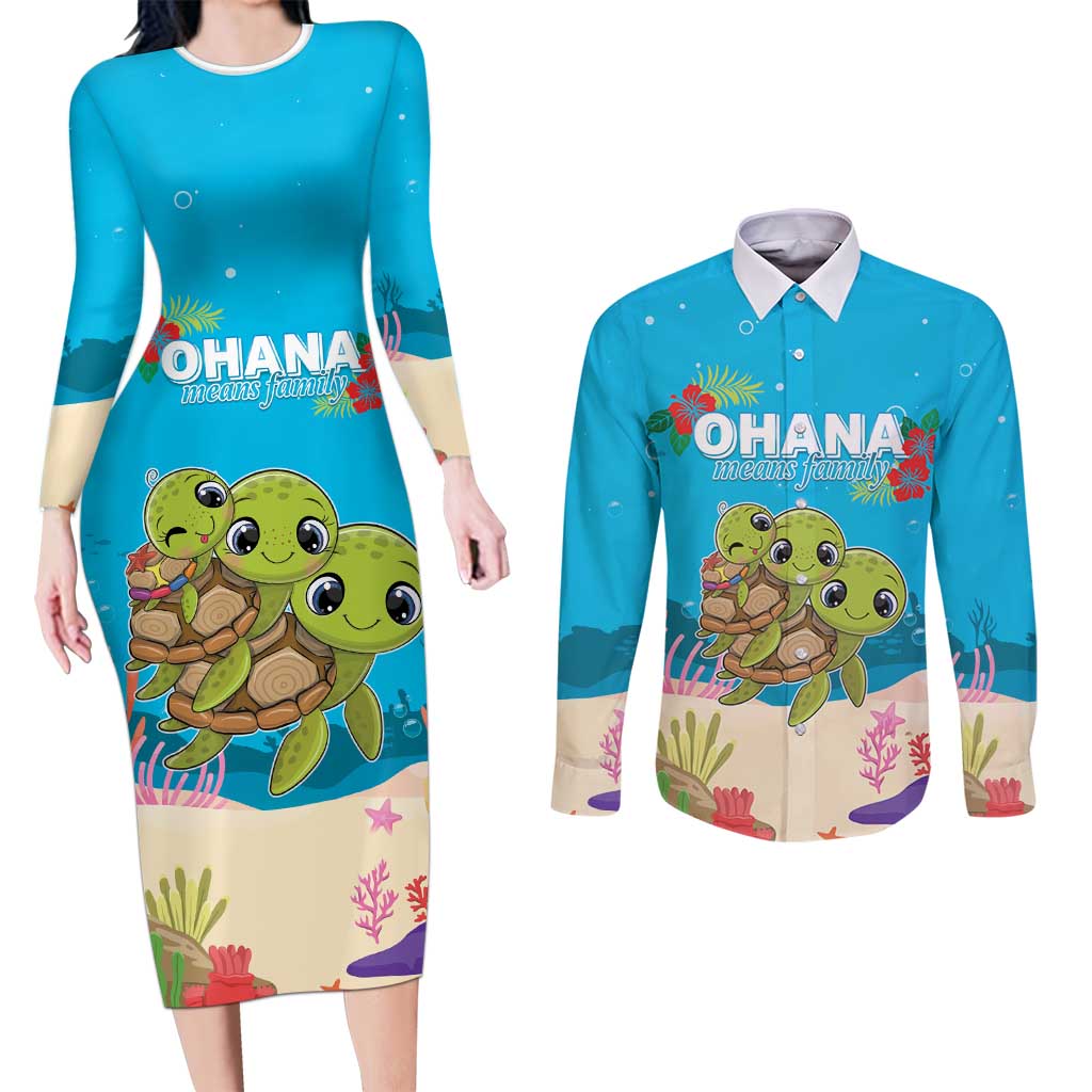 Ohana Hawaii Couples Matching Long Sleeve Bodycon Dress and Long Sleeve Button Shirt Kawaii Family Turtle