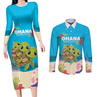 Ohana Hawaii Couples Matching Long Sleeve Bodycon Dress and Long Sleeve Button Shirt Kawaii Family Turtle