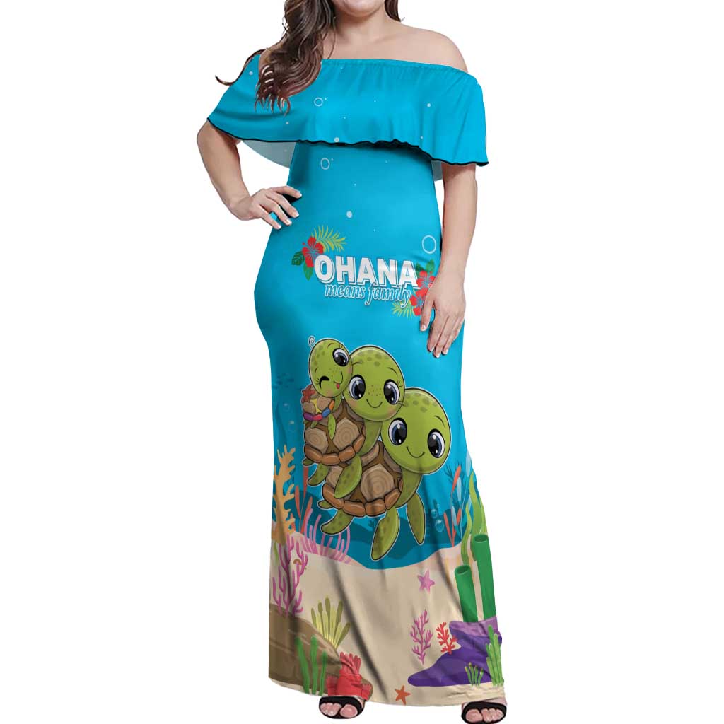 Ohana Hawaii Off Shoulder Maxi Dress Kawaii Family Turtle LT05 Women Blue - Polynesian Pride