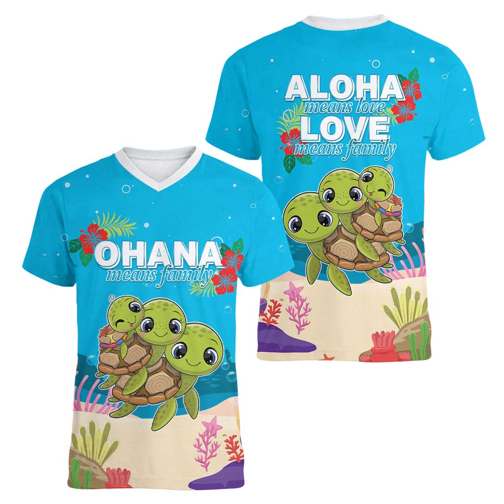 Ohana Hawaii Women V-Neck T-Shirt Kawaii Family Turtle LT05 - Polynesian Pride