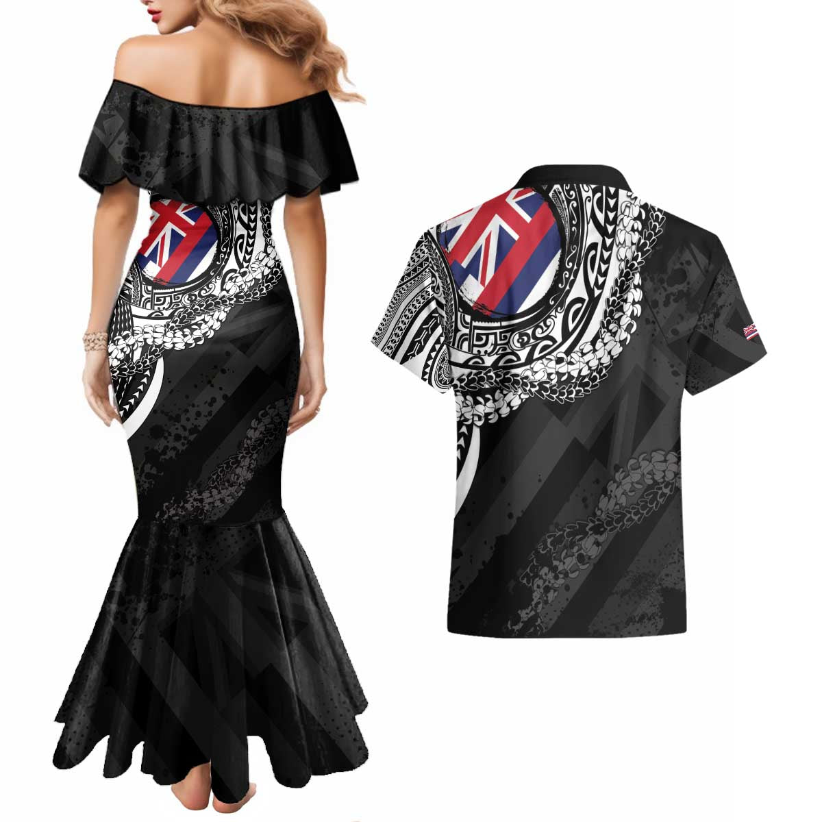 Hawaii King Flag Couples Matching Mermaid Dress and Hawaiian Shirt Hawaiian Maile Lei - Polynesian Pride