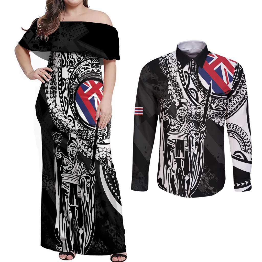 Hawaii King Flag Couples Matching Off Shoulder Maxi Dress and Long Sleeve Button Shirt Hawaiian Maile Lei - Polynesian Pride