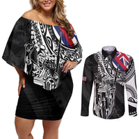 Hawaii King Flag Couples Matching Off Shoulder Short Dress and Long Sleeve Button Shirt Hawaiian Maile Lei - Polynesian Pride