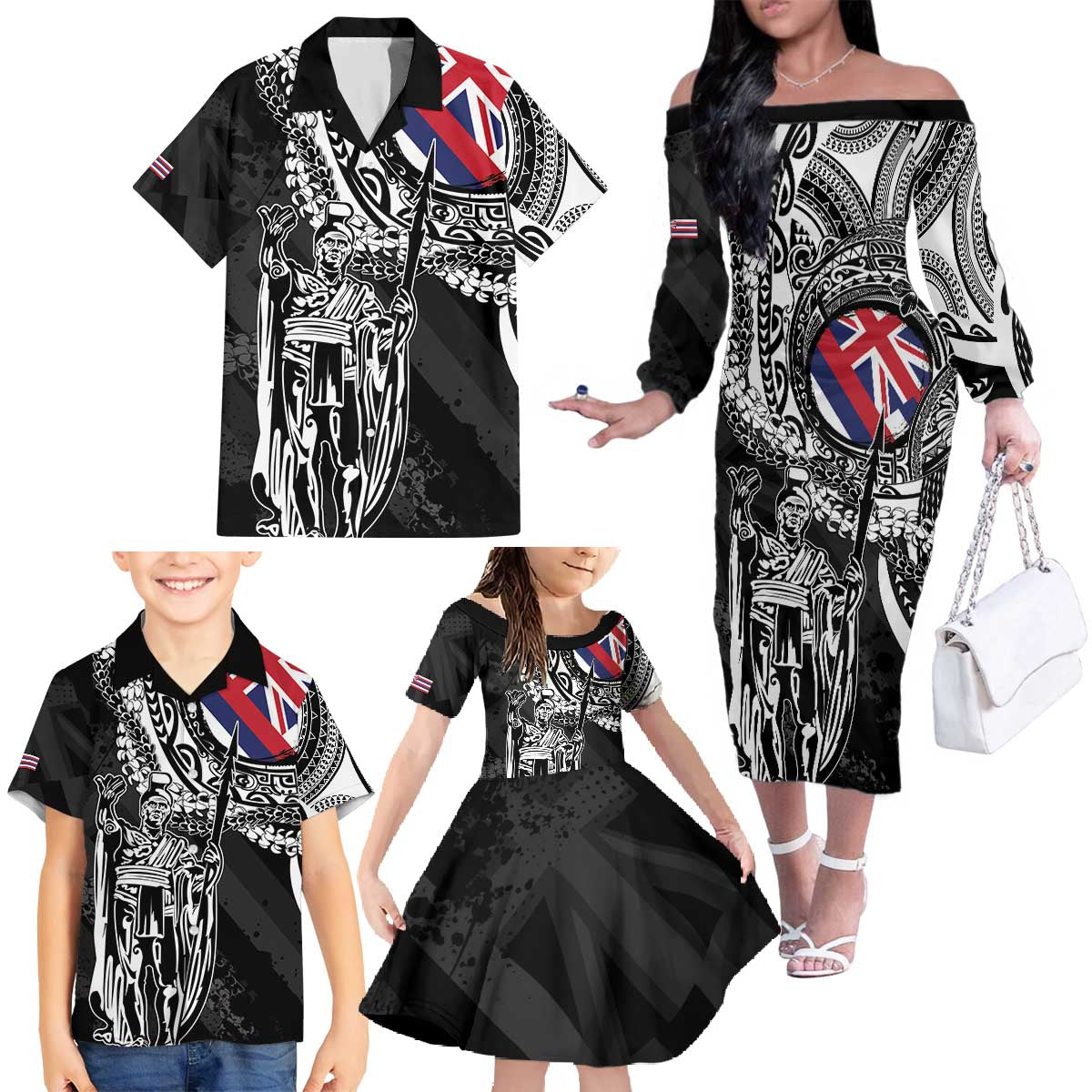 Hawaii King Flag Family Matching Off The Shoulder Long Sleeve Dress and Hawaiian Shirt Hawaiian Maile Lei - Polynesian Pride
