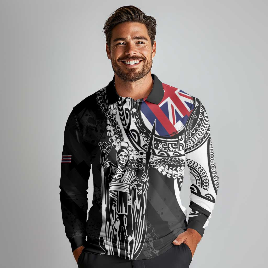 Hawaii King Flag Long Sleeve Polo Shirt Hawaiian Maile Lei - Polynesian Pride
