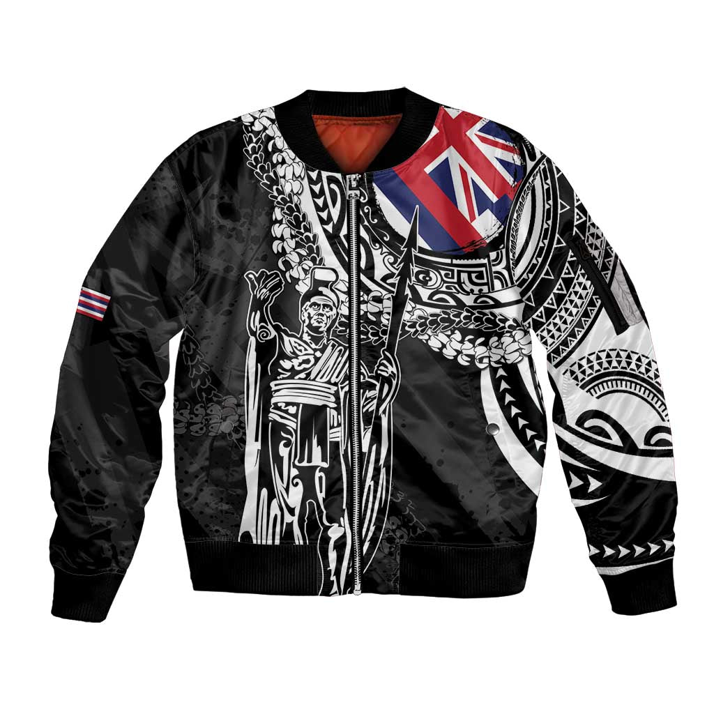 Hawaii King Flag Sleeve Zip Bomber Jacket Hawaiian Maile Lei - Polynesian Pride