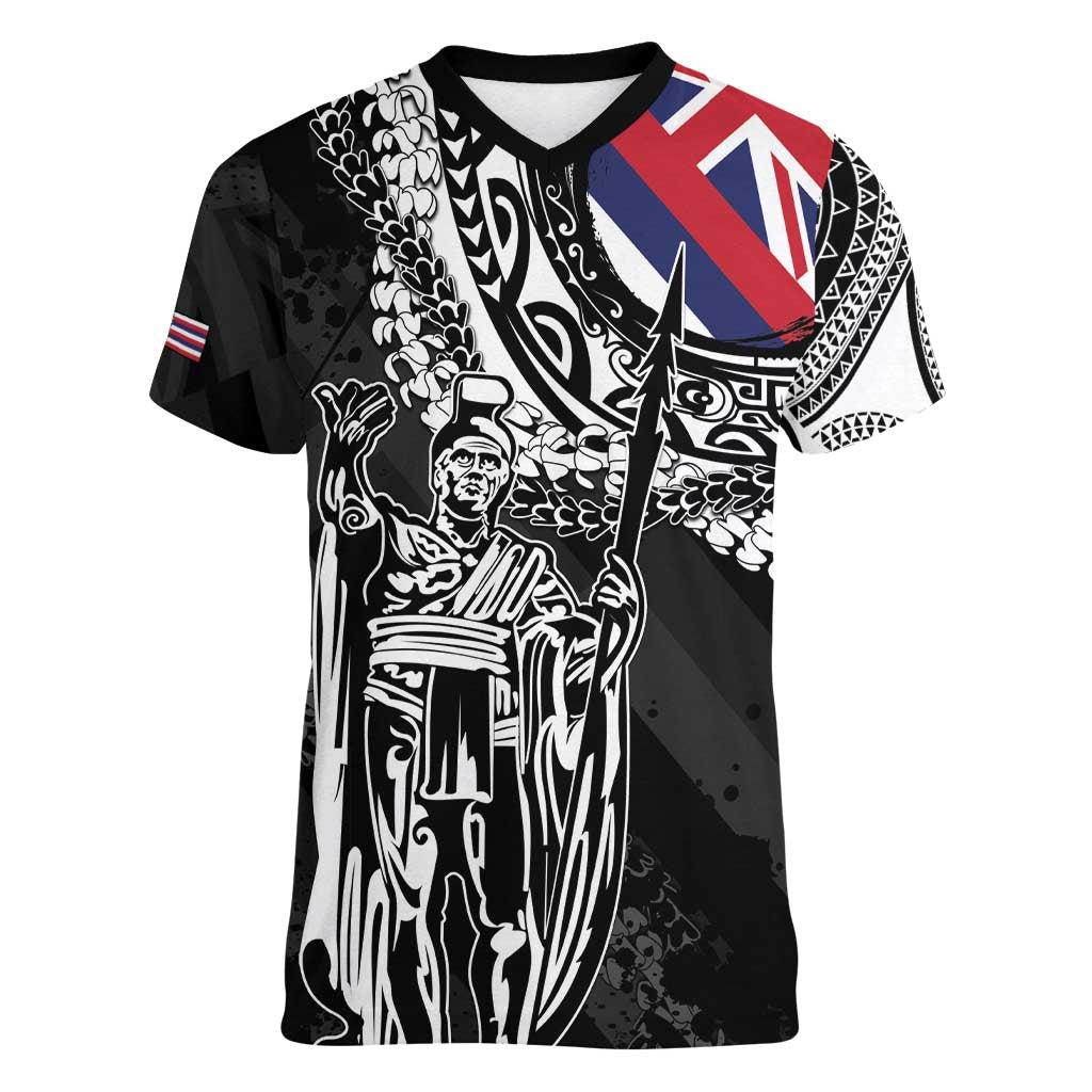 Hawaii King Flag Women V-Neck T-Shirt Hawaiian Maile Lei - Polynesian Pride