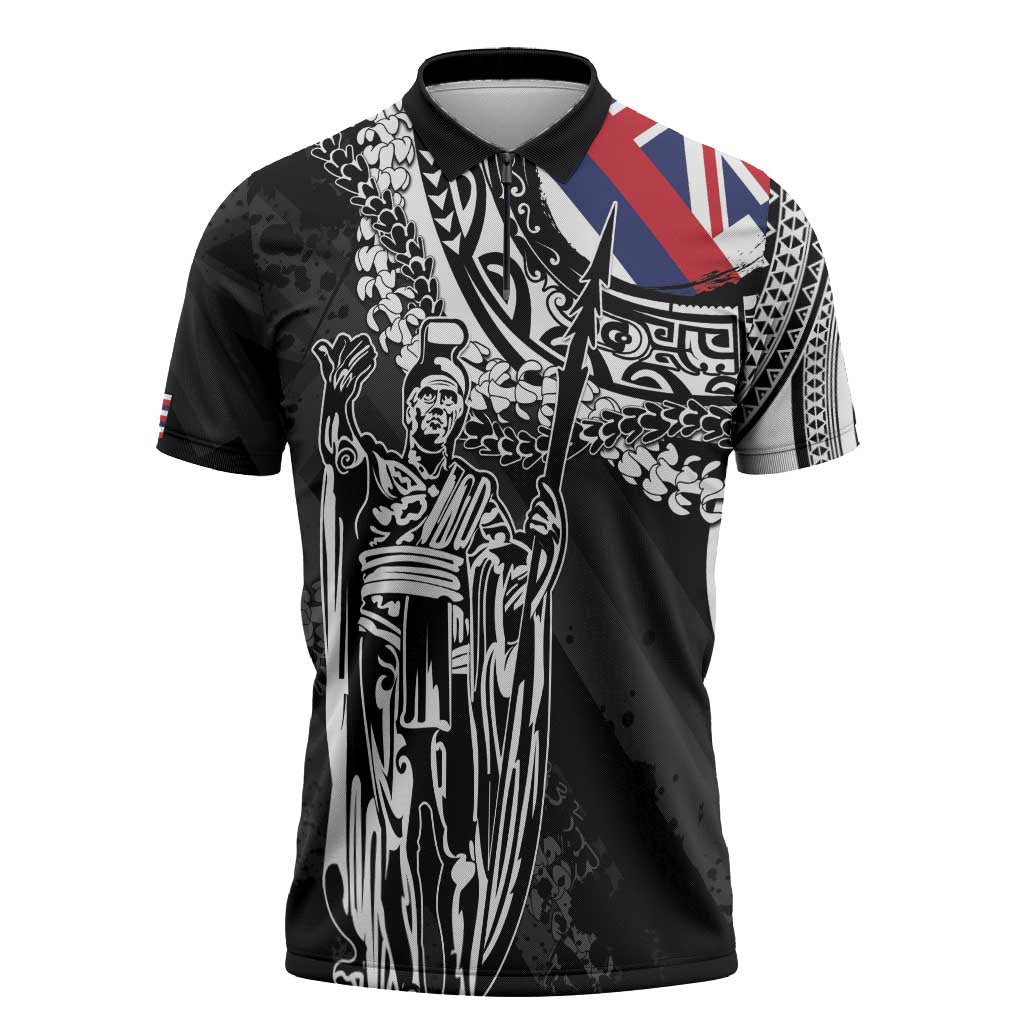 Hawaii King Flag Zipper Polo Shirt Hawaiian Maile Lei - Polynesian Pride
