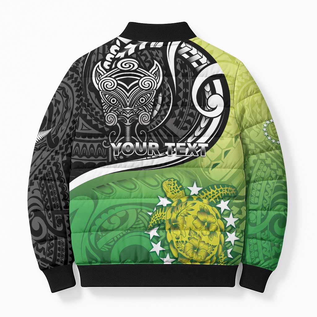 Custom New Zealand Cook Islands Bomber Puffer Jacket Maori Tiki With Circle Stars Turtle - Polynesian Pride