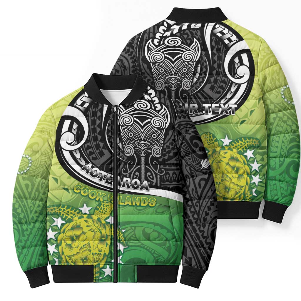 Custom New Zealand Cook Islands Bomber Puffer Jacket Maori Tiki With Circle Stars Turtle - Polynesian Pride