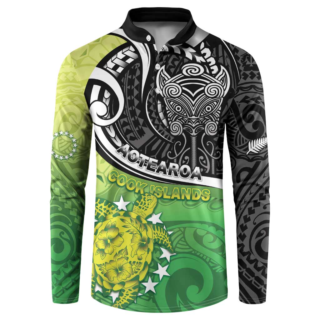 Custom New Zealand Cook Islands Button Sweatshirt Maori Tiki With Circle Stars Turtle - Polynesian Pride