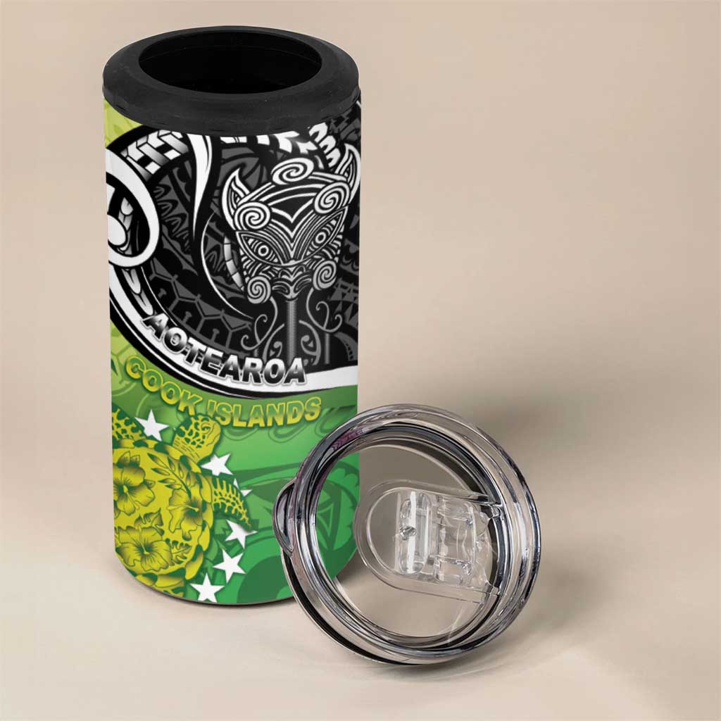 Custom New Zealand Cook Islands 4 in 1 Can Cooler Tumbler Maori Tiki With Circle Stars Turtle - Polynesian Pride