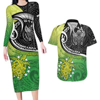 Custom New Zealand Cook Islands Couples Matching Long Sleeve Bodycon Dress and Hawaiian Shirt Maori Tiki With Circle Stars Turtle - Polynesian Pride