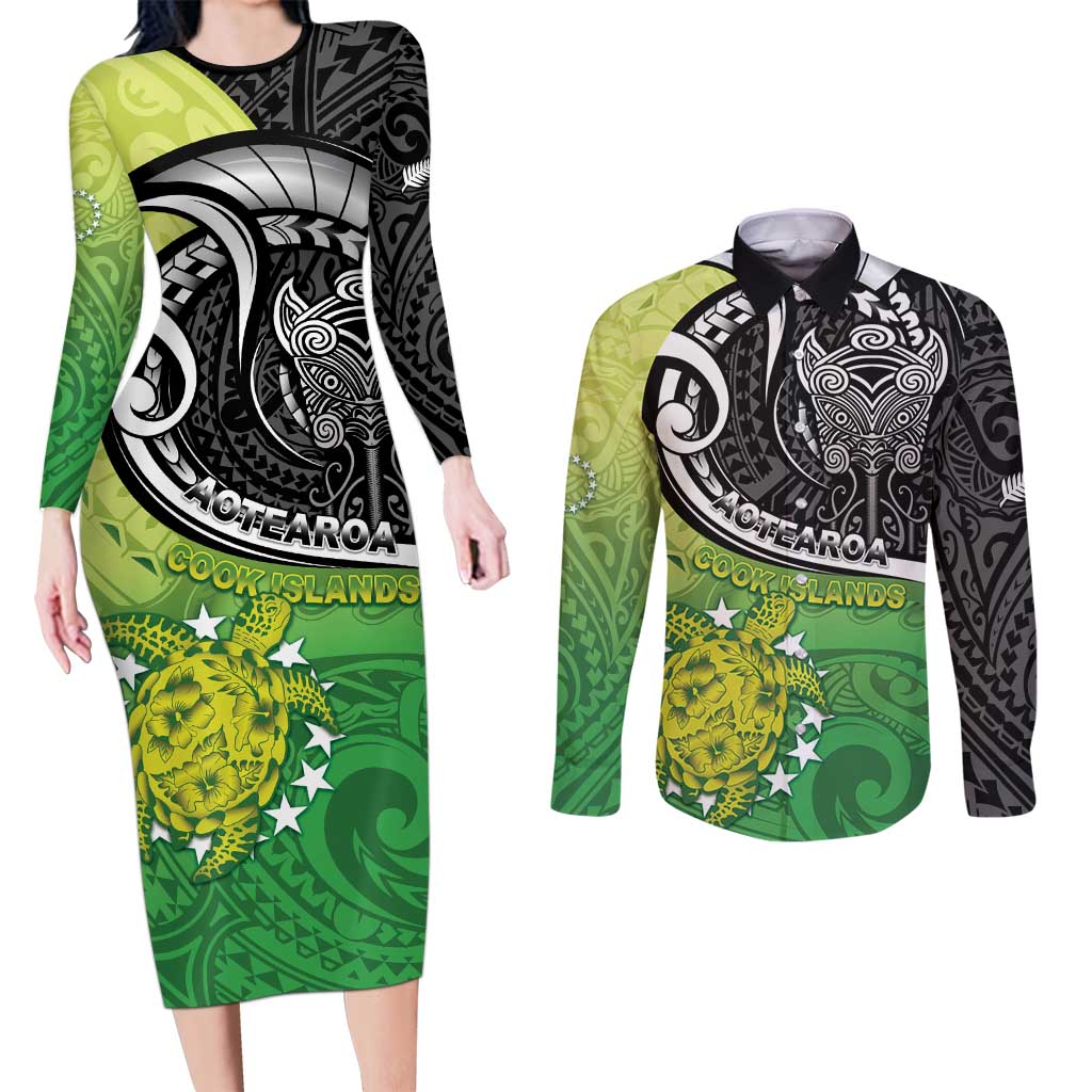 Custom New Zealand Cook Islands Couples Matching Long Sleeve Bodycon Dress and Long Sleeve Button Shirt Maori Tiki With Circle Stars Turtle - Polynesian Pride