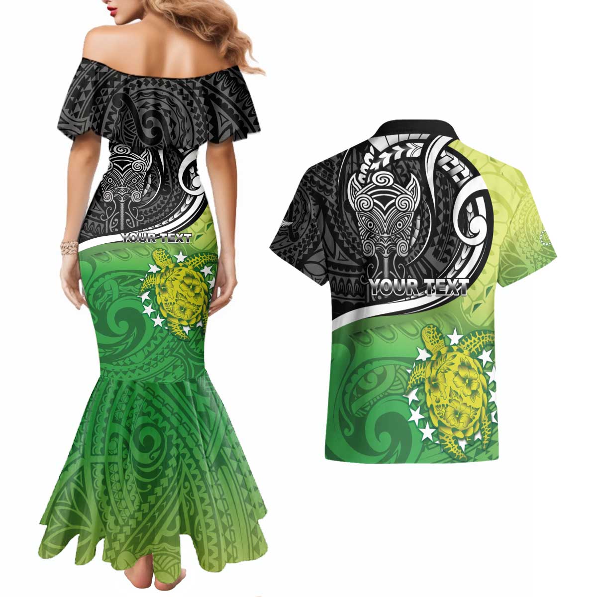 Custom New Zealand Cook Islands Couples Matching Mermaid Dress and Hawaiian Shirt Maori Tiki With Circle Stars Turtle - Polynesian Pride