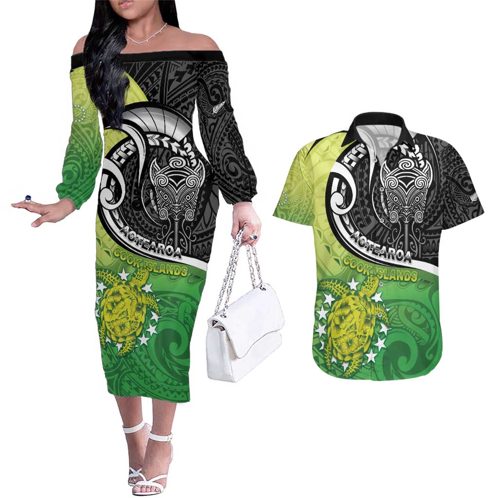 Custom New Zealand Cook Islands Couples Matching Off The Shoulder Long Sleeve Dress and Hawaiian Shirt Maori Tiki With Circle Stars Turtle - Polynesian Pride