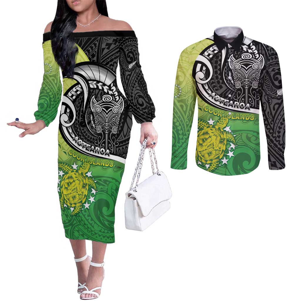 Custom New Zealand Cook Islands Couples Matching Off The Shoulder Long Sleeve Dress and Long Sleeve Button Shirt Maori Tiki With Circle Stars Turtle - Polynesian Pride