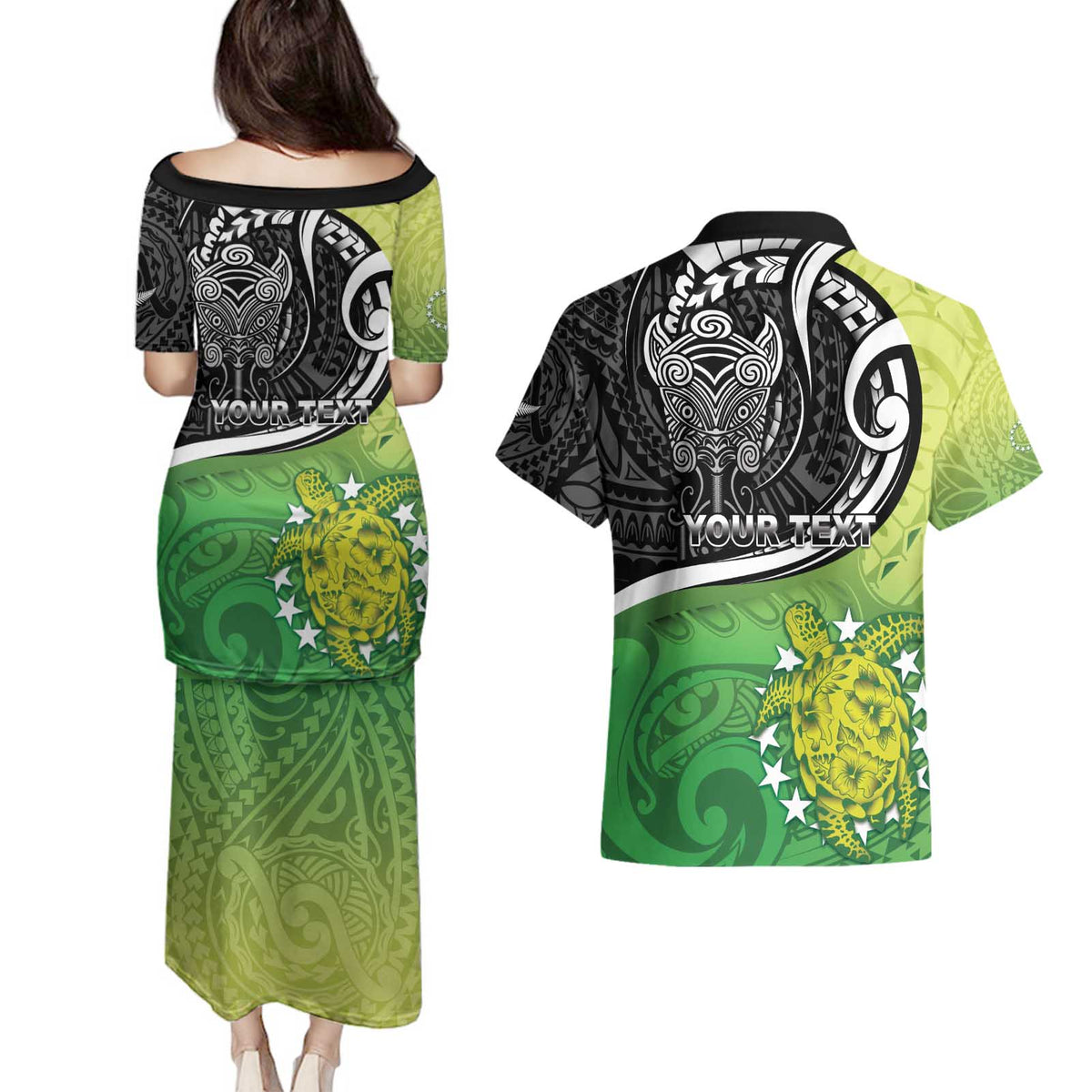 Custom New Zealand Cook Islands Couples Matching Puletasi and Hawaiian Shirt Maori Tiki With Circle Stars Turtle - Polynesian Pride