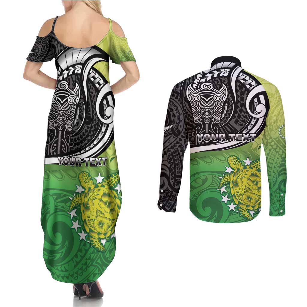 Custom New Zealand Cook Islands Couples Matching Summer Maxi Dress and Long Sleeve Button Shirt Maori Tiki With Circle Stars Turtle - Polynesian Pride